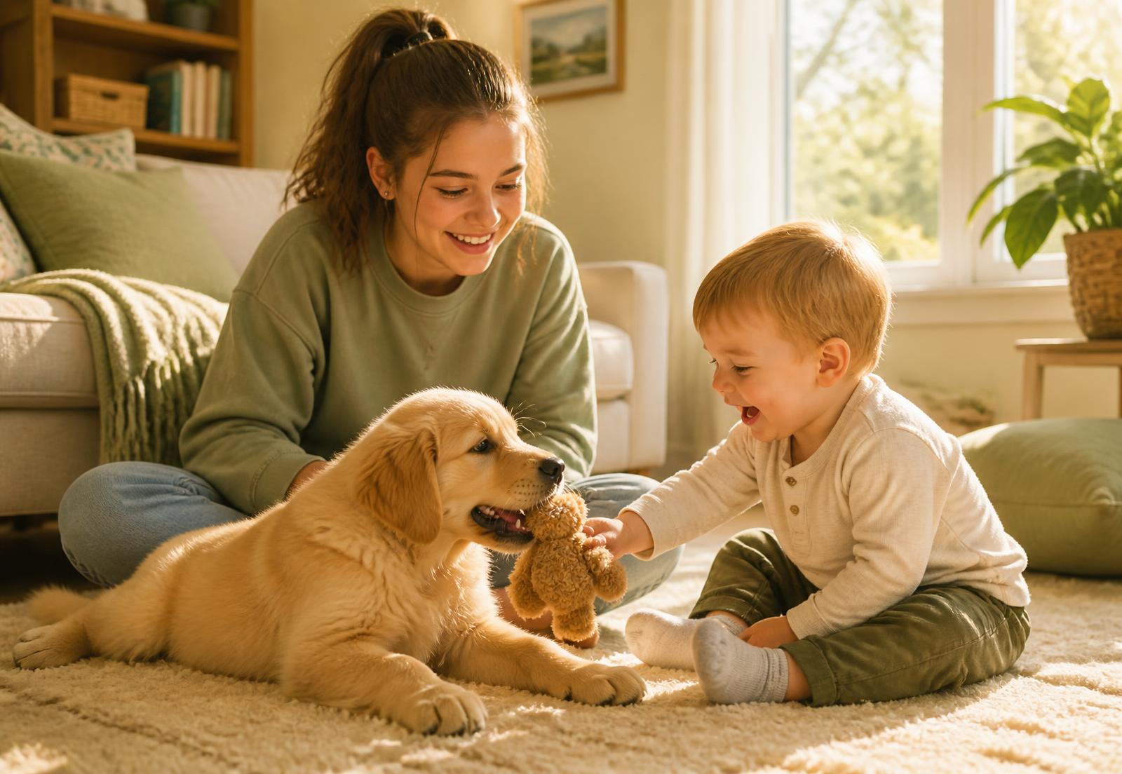 Teen sitter playing with a toddler and a golden retriever puppy in a sunny living room